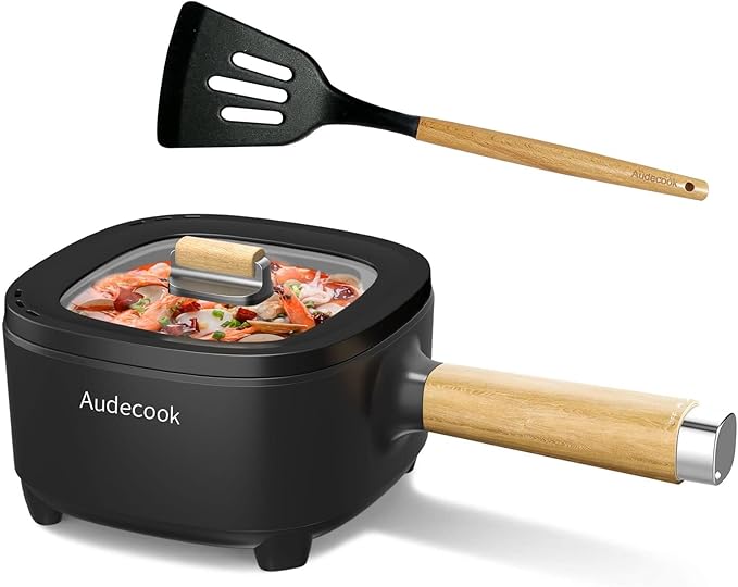 Audecook Hot Pot Electric 2L, Cermic Glaze Non-Stick Frying Pan 8 Inch, Portable Travel Cooker for Ramen/Steak/Fried Rice/Oatmeal/Soup, with Dual Power Control (Silicone Spatula Included)