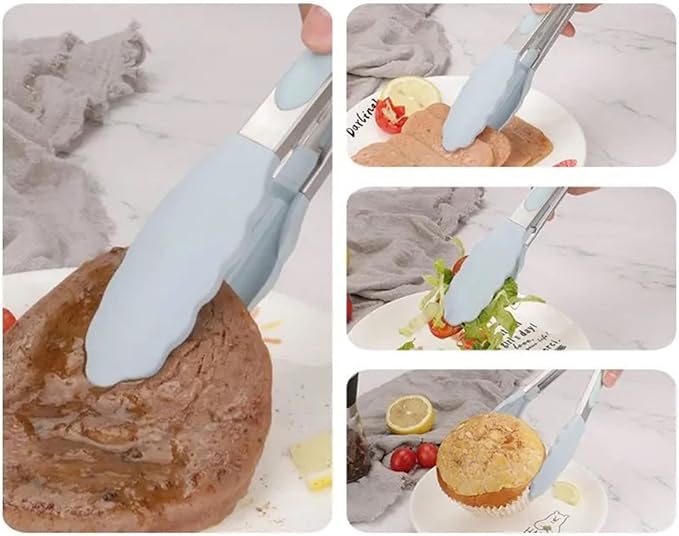 4Pcs Silicone Tongs, Kitchen Tongs 7” Non-slip & Easy Grip Stainless Steel Handle - Smart Locking Clip - Heat Resistant, Food Grade