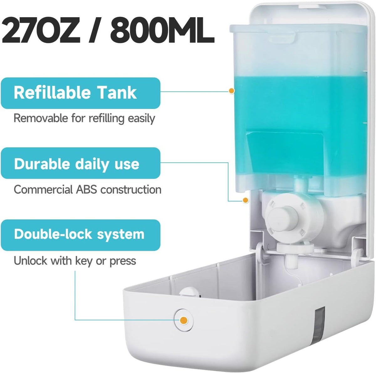 AIKE Wall Mount Liquid Soap Dispenser, 27oz Large Capacity with Extended Pump for Commercial Bathrooms(White)