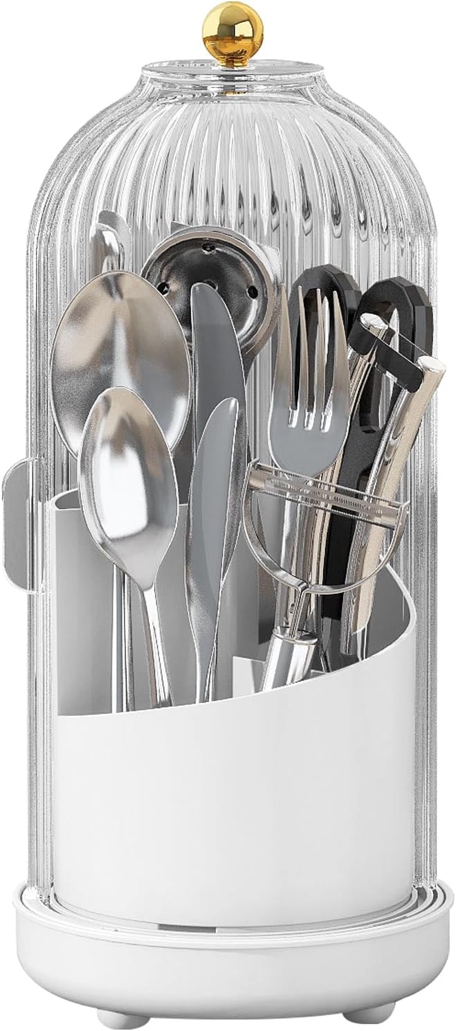 JEESA Utensil Holder with Lid, 360° Rotating Flatware Organizer for Cutlery Spoon Fork(H Less 8"), Silverware Caddy Organizer Drainage Dustproof Flatware Holder Kitchen Countertop Storage, White