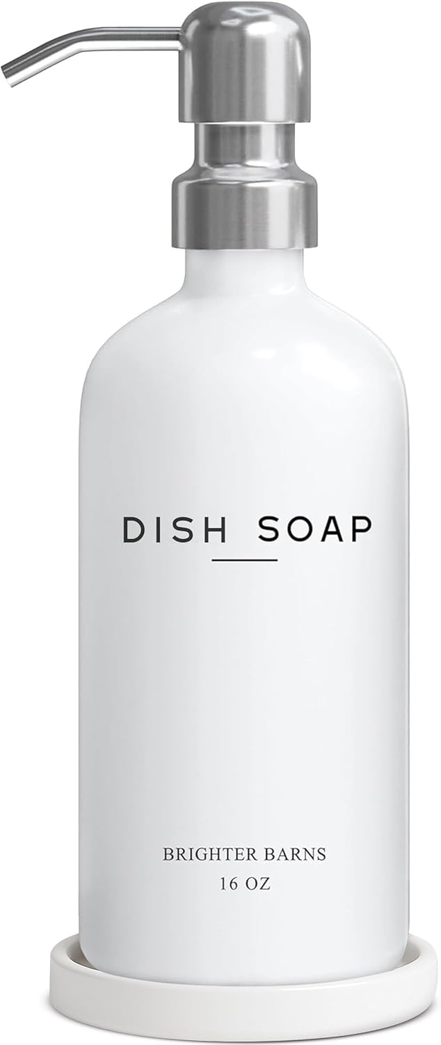 White Glass Dish Soap Dispenser for Kitchen Sink by Brighter Barns - Modern Kitchen Soap Dispenser Set - Refillable Glass Bottle with Pump - Neutral Minimalist Home Decor in Airbnb, Restaurant (White)