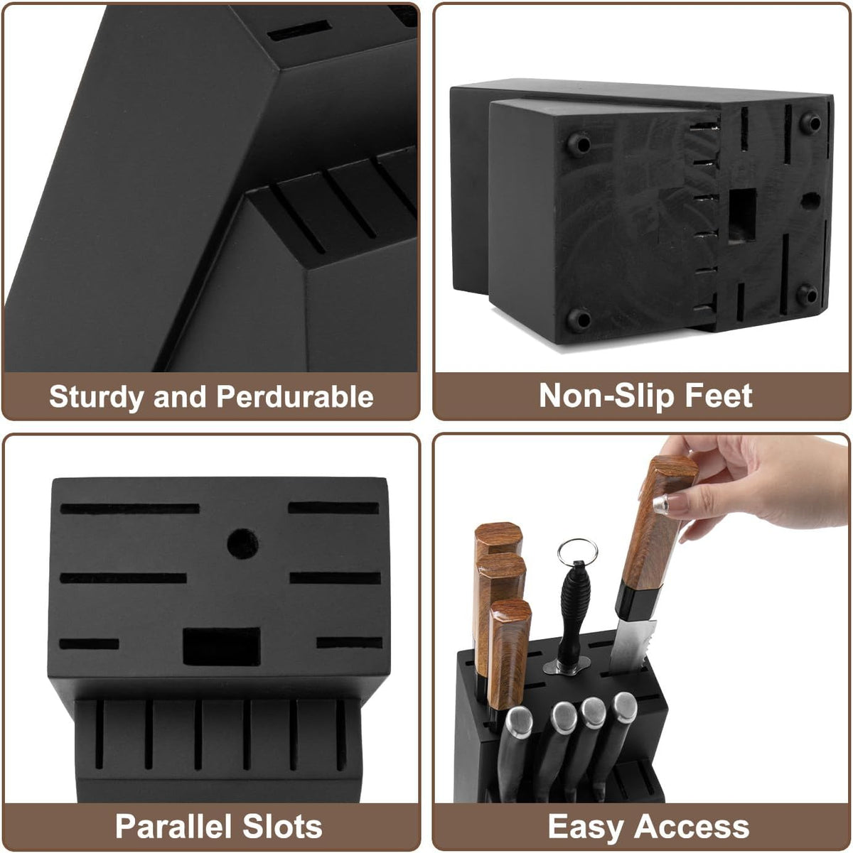 RedCall Universal Knife Block Holder,Large Wood Bamboo Knife Block without Knives,14 Slot Universal Knife Holder Countertop,Butcher Block Knife Storage Organizer for Kitchen (Black)