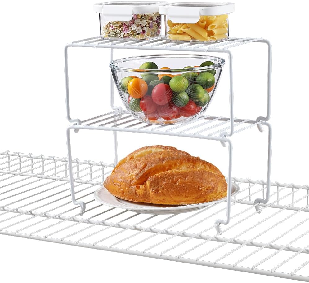 2-Pack Small (10.8x5.3inch) White Stackable Shelf Organizer Rack, Kitchen Shelves Organization for Cabinet, Pantry Organizers and Storage, Wire Shelf Rack, Desk Organizer, Rustproof