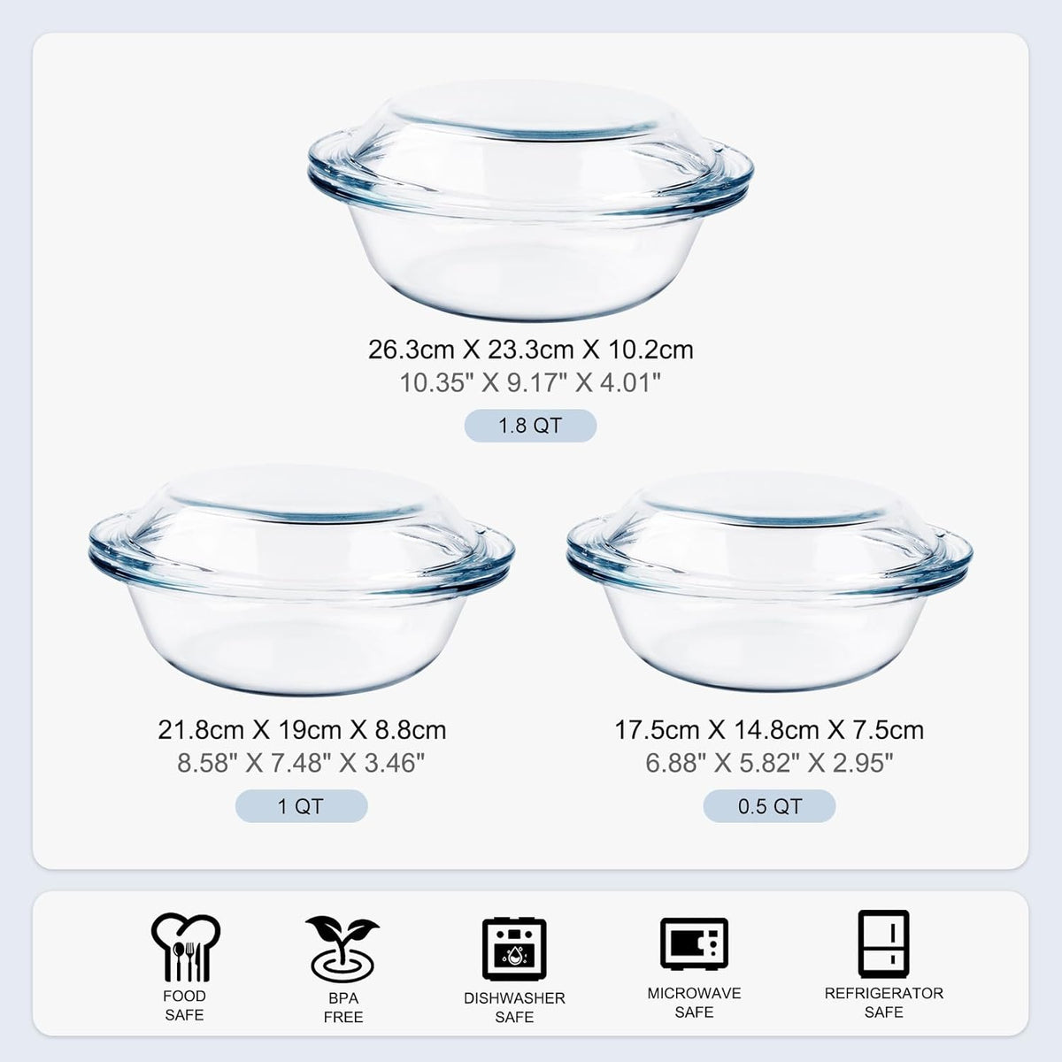Set of 6 Round Glass Casserole Dishes, Nesting Glass Baking Dish Set with Lid, Oven, Freezer and Dishwasher Safe. - 0.5QT+1QT+1.8QT