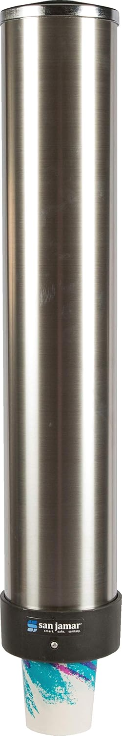 San Jamar Pull-Type Cup Dispenser 12-24 Oz. Cups for Restaurants, Home, and Office, Plastic, 23.5 Inches, Silver