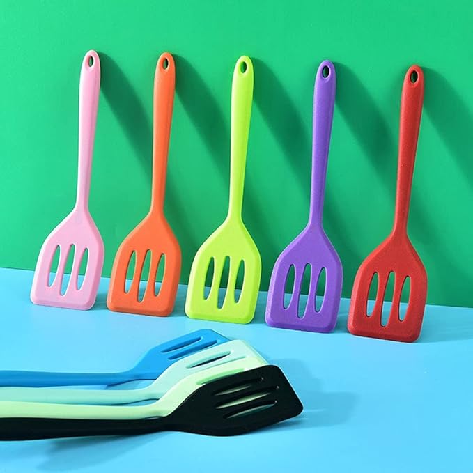2Pack Small Silicone Turner High Heat Resistant Slotted Spatula for Fish, Eggs, Pancakes and More (8.2 IN, Blue)