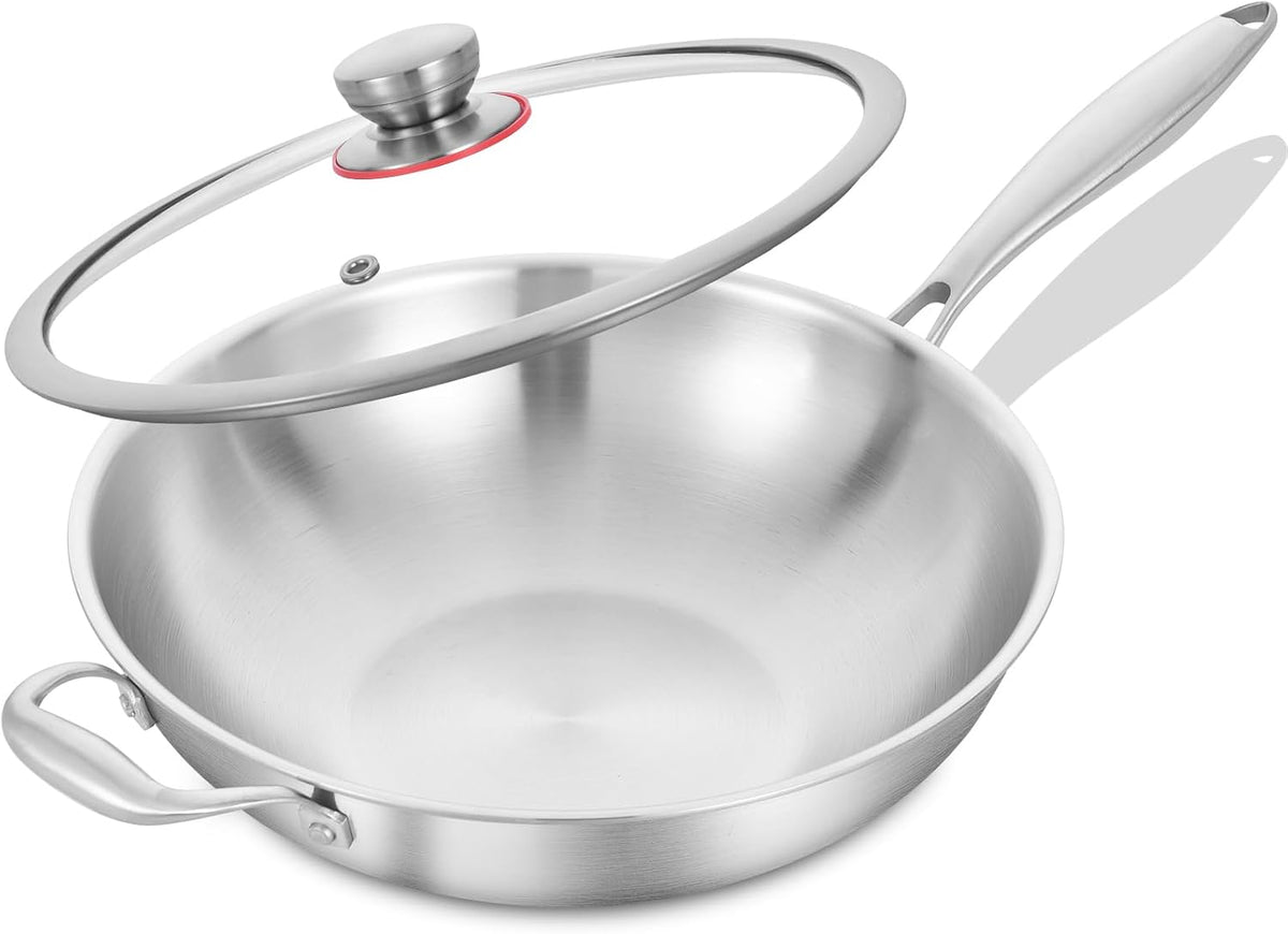 LOLYKITCH 12 Inch Tri-Ply Stainless Steel Wok Pan with Lid, Stir-Frying Pan,Induction Cooking Pan,Dishwasher and Oven Safe,Heavy Duty and Detachable Handle.