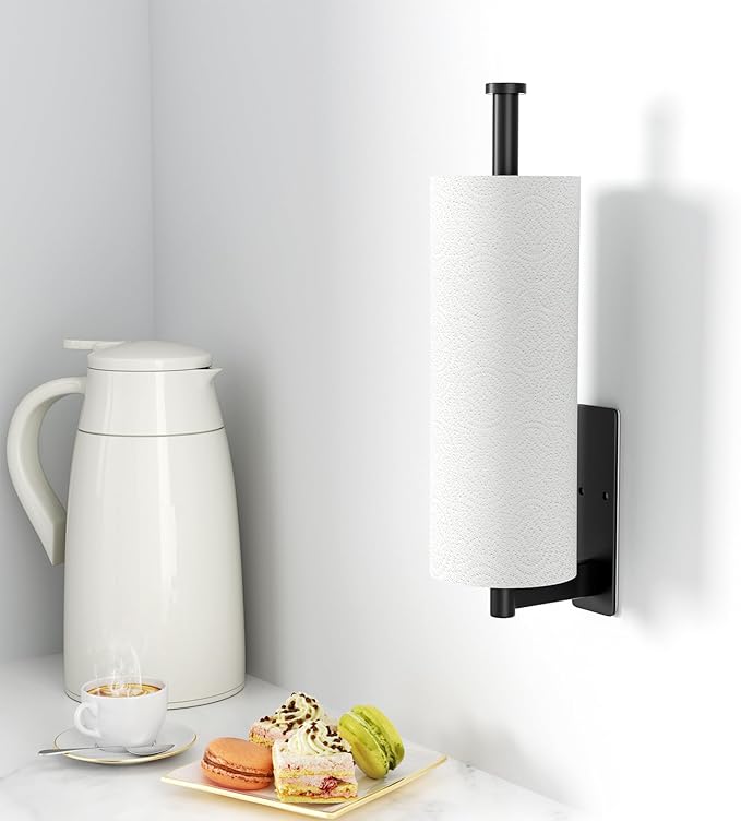 Paper Towel Holder Under Cabinet - Stainless Steel Paper Towel Holder Wall Mount, Self-Adhesive or Drilling, Matte Black Towel Rack for Kitchen Organization and Storage, Kitchen Paper Roll Holder
