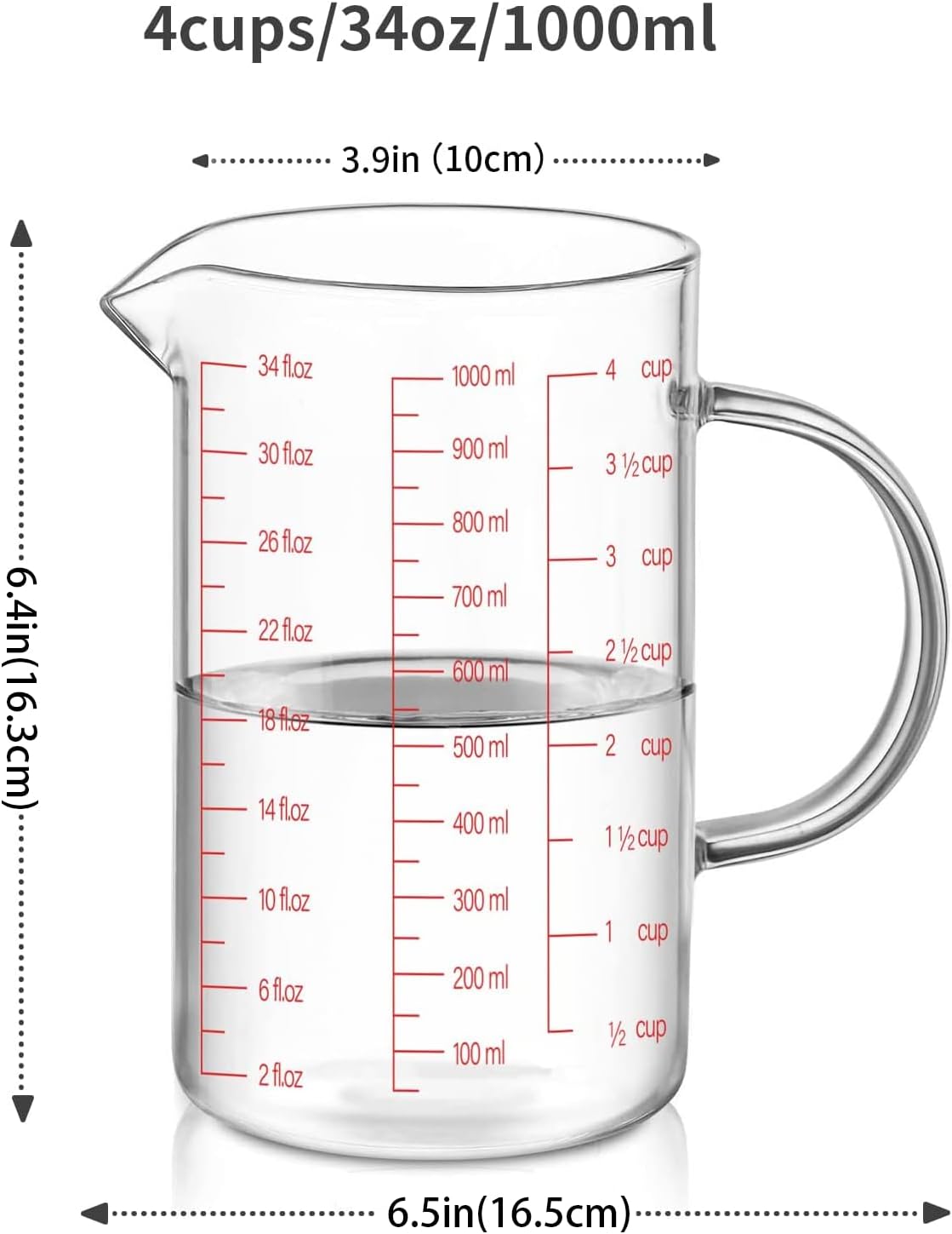 Luvan 34OZ/1000ML Glass Measuring Cup, 4 Cup Glass Measuring Cups With 3 Scales (Ml/Oz/Cup), High Borosilicate Measuring Cup With Handle and V-Shaped Spout, Dishwasher/Freezer/Microwave Safe