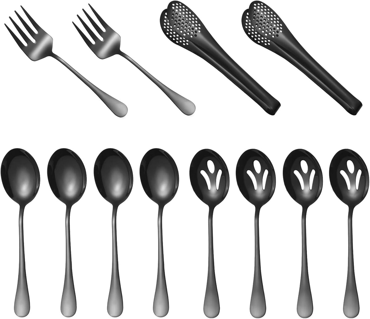 Lazycorner Large Serving Utensils,12 Pcs Stainless Steel Serving Set with Serving Spoons,Serving Fork,Serving Tongs,Polished Serving Utensil Set for Buffet Parties Home,Dishwasher Safe(Black)