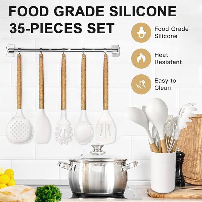 Cooking Utensils Set- 35 PCs Kitchen Utensils with Grater,Tongs, Spoon Spatula &Turner Made of Heat Resistant Food Grade Silicone and Wooden Handles Kitchen Gadgets Tools Set for Cookware