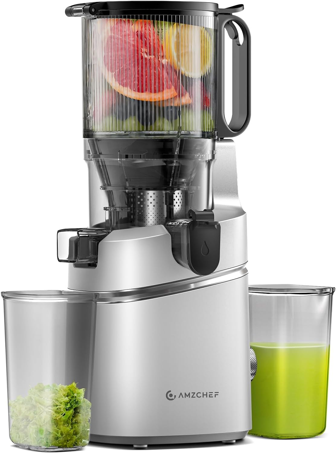 Juicer Machines, AMZCHEF 5.3-Inch Self-Feeding Masticating Juicer Fit Whole Fruits & Vegetables, Cold Press Electric Juicer Machines with High Juice Yield, Easy Cleaning, BPA Free, 250W-Silver