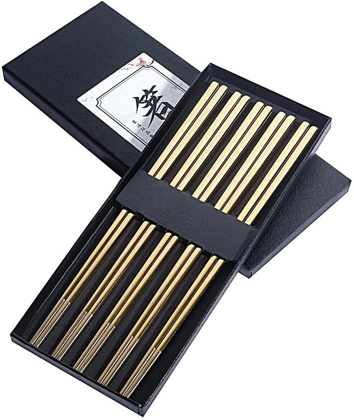 Metal Chopsticks Reusable Titanium Plated Stainless Steel Japanese Korean for Food & Cooking 9.5Inch Non-Slip for Beginners Square Laser 5 Pairs Gift Set
