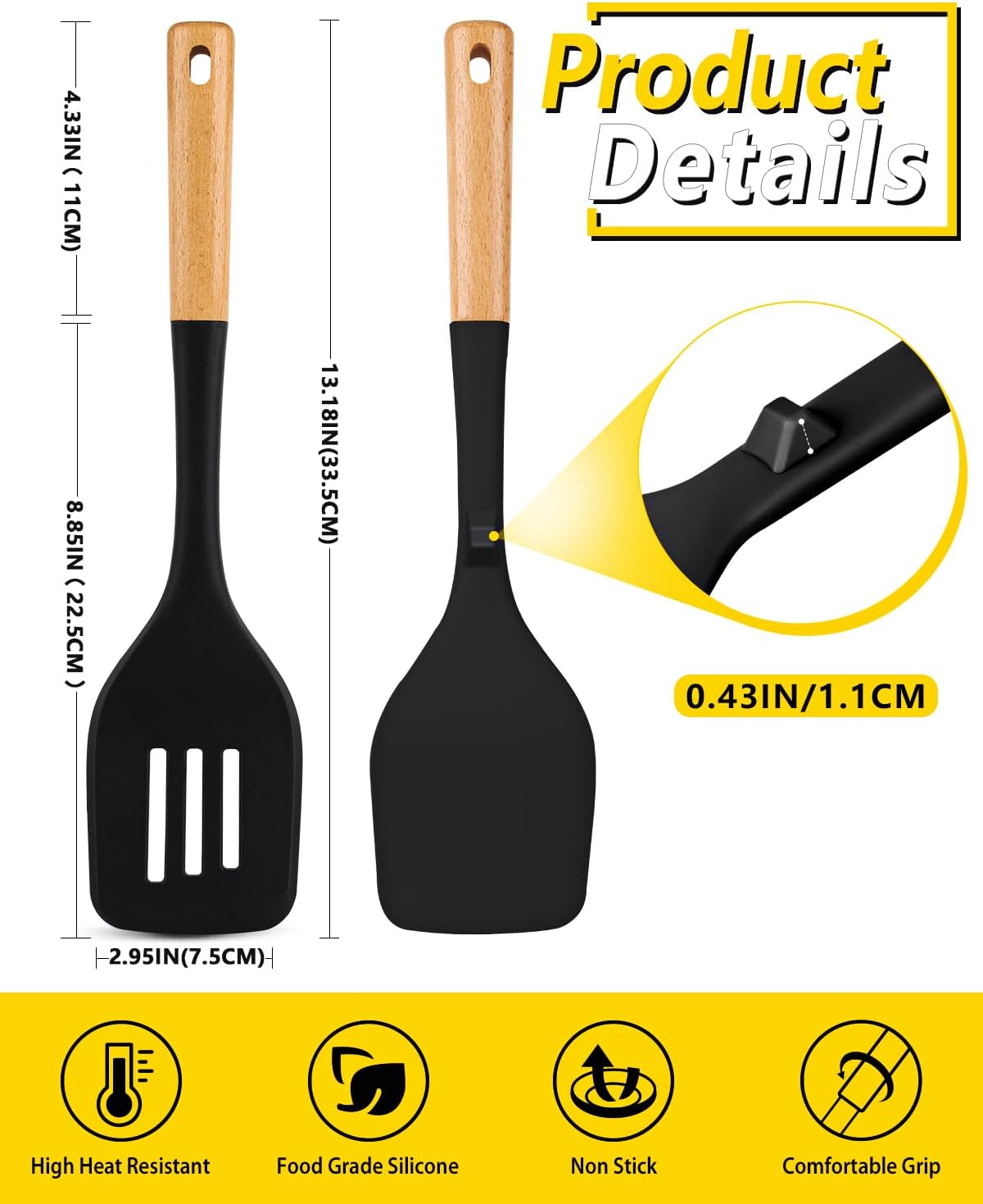 Pack of 2 Large Silicone Spatula, Heat Resistant Solid Turner, Non Stick Slotted Spatulas with Wooden Handle, Ideal Kitchen Utensils for Flipping, Pancakes, Eggs, Fish(BLACK)