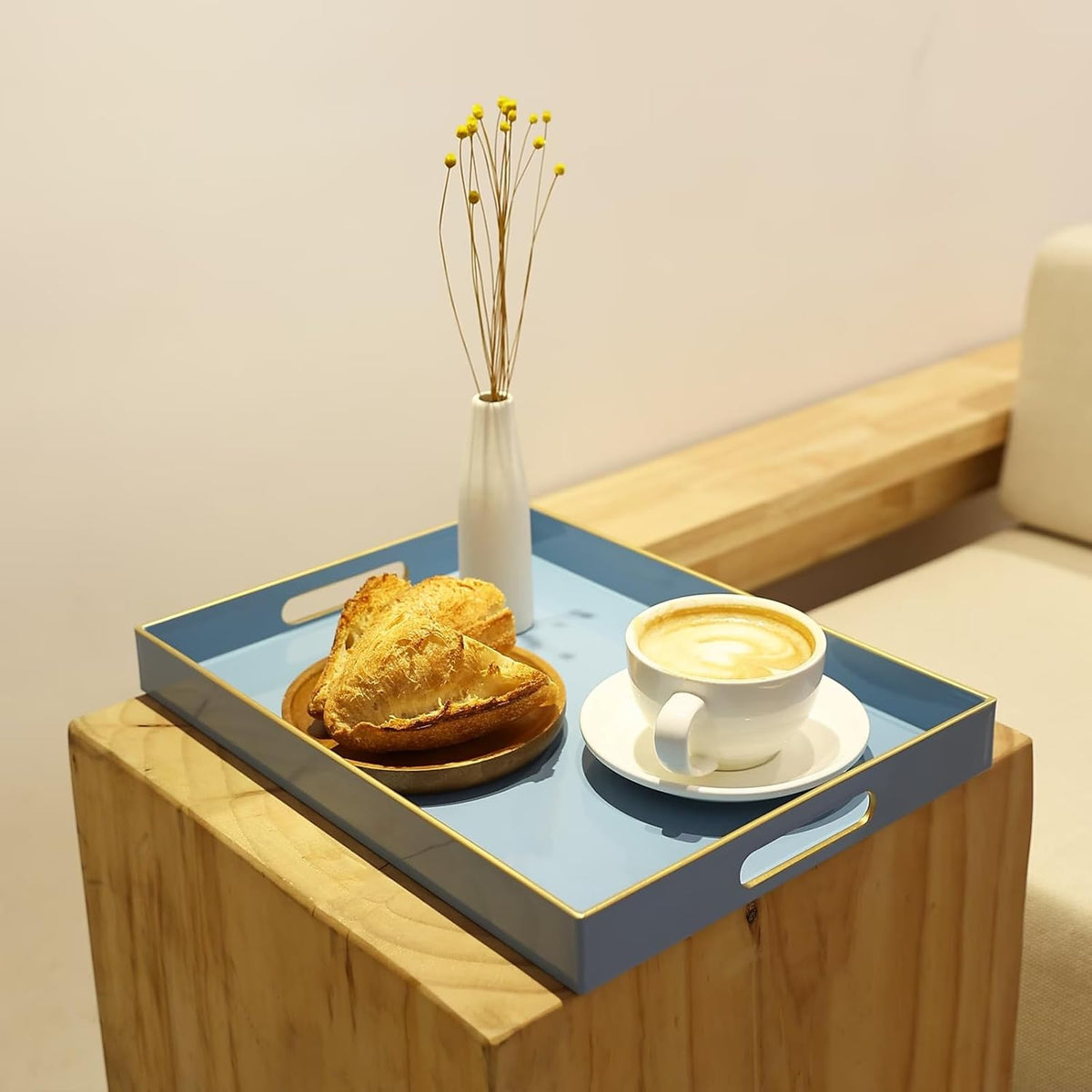 Spsyrine Blue Plastic Serving Tray for Ottoman, Coffee Table, Rectangle Decorative Tray for Entertaining, Outdoor, Living Room, Home Decor