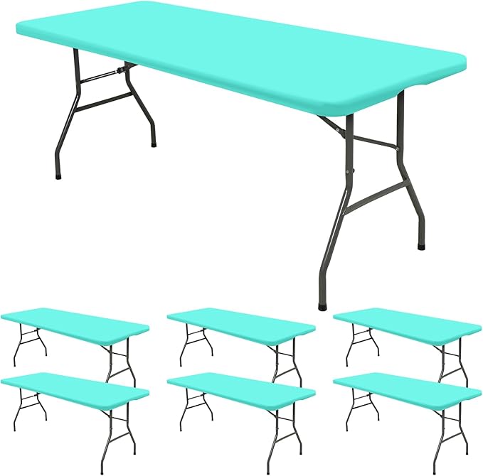 6 Pack Fitted Tablecloth for 6 Foot Rectangle Tables, Aqua Blue Elastic Outdoor Picnic Table Cover, Washable Stretch Folding Table Cloths 6 ft for Camping Party Patio Kitchen Banquet, 30" W x 72" L
