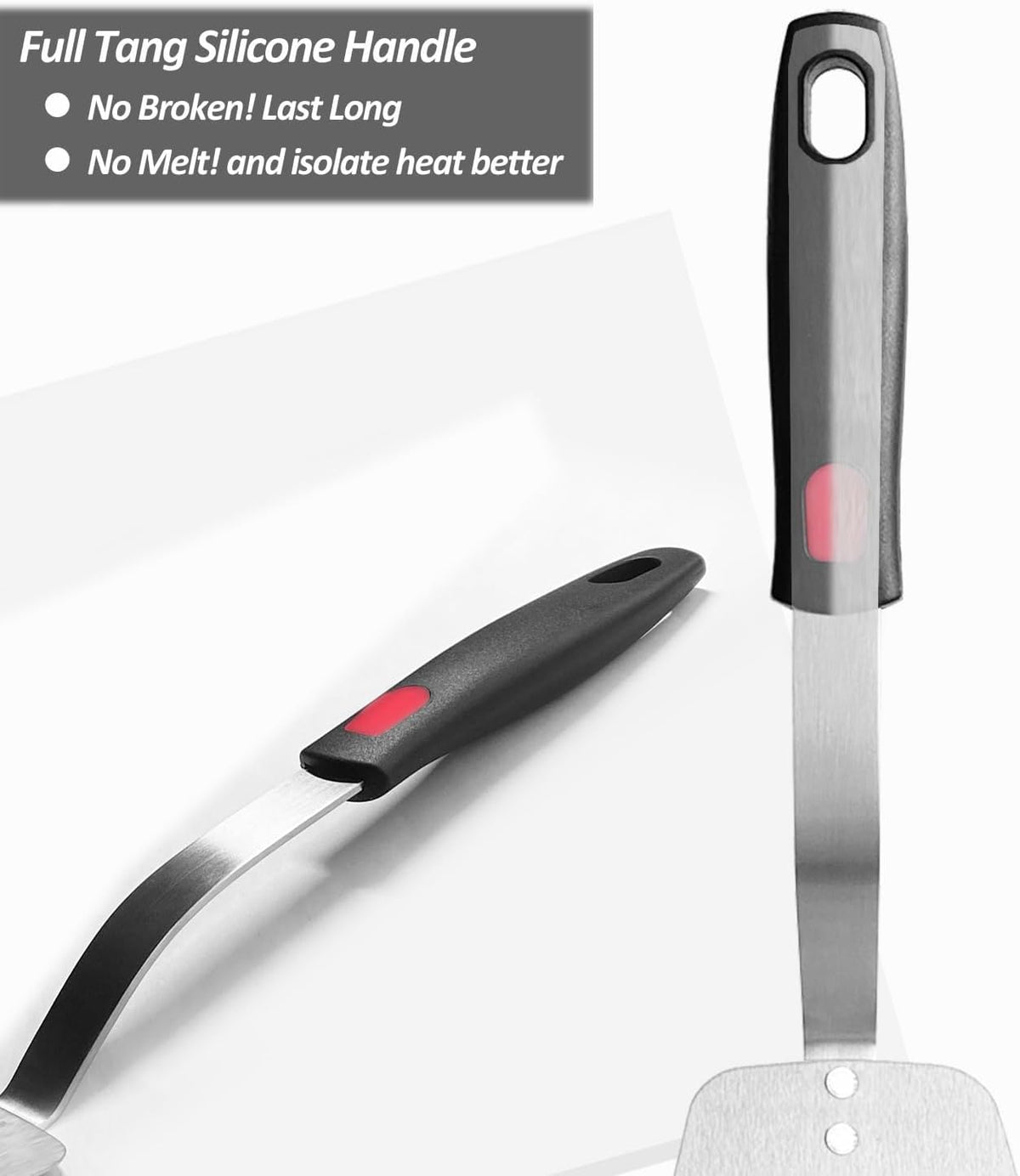 Stainless Steel Spatula, Flexible Metal Slotted Turner for Cast Iron Skillet, Thin Blade and Heat Resistant Silicone Handle, Great for Egg, Cookie, Meat, Crep, Large