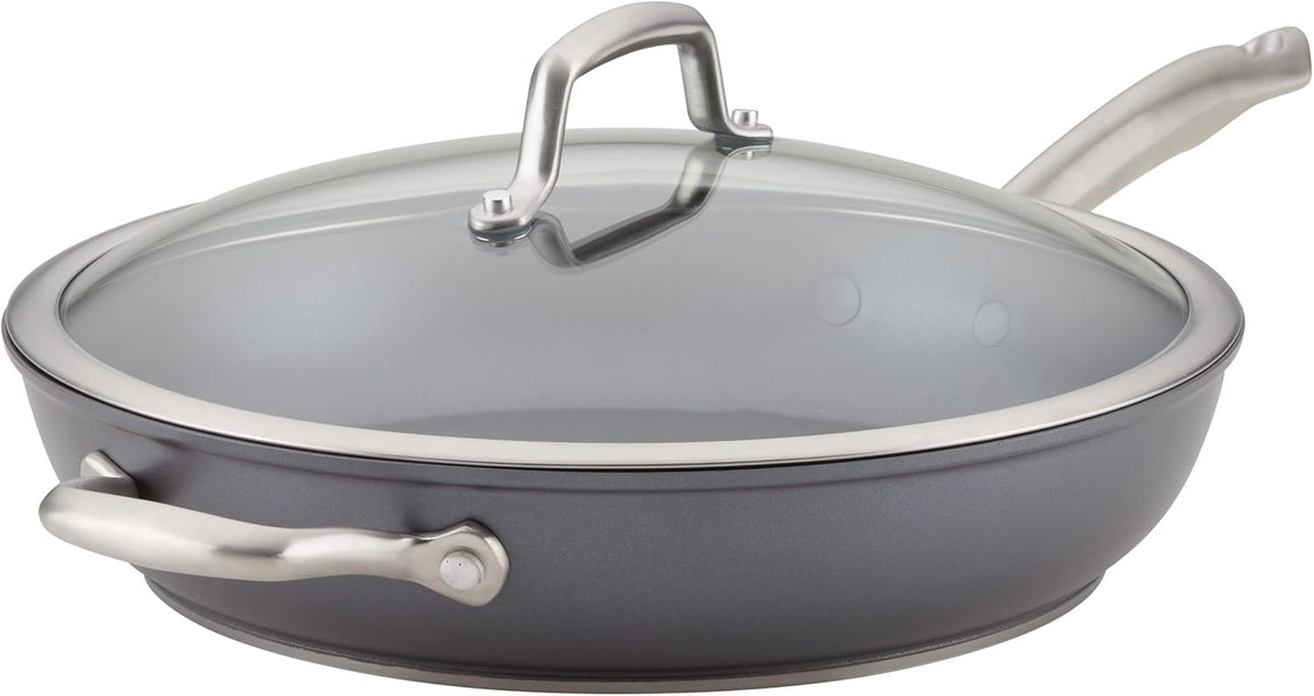 Anolon Accolade Forged Hard Anodized Nonstick Deep Frying Pan / Skillet with Helper Handle and Lid, 12 Inch - Moonstone Gray