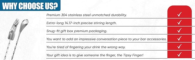 National Finger Company, Finger Cocktail Stirrer, Tipsy Finger, 36 cm, Stainless Steel Life-Size Finger Spoon, Funny Bar Spoon, Novelty Cocktail Stirrer, Gag Gift, Quirky Bar Tool