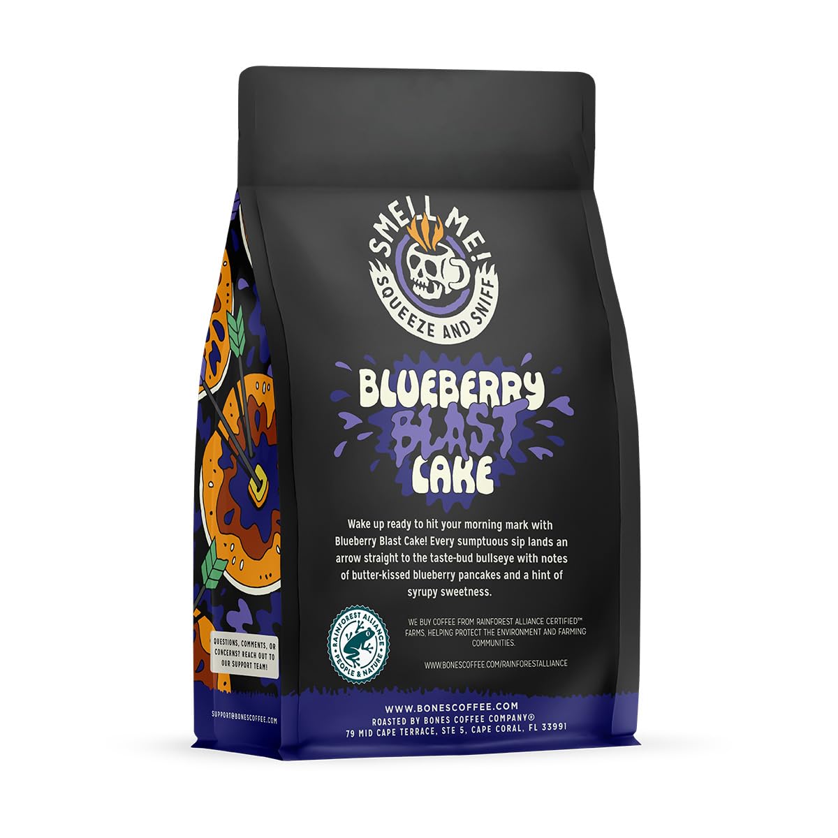 Bones Coffee Company Blueberry Blast Cake, Blueberry Pancakes Flavored Coffee, Medium Roast Low Acid Arabica Beans Compatible with Auto drip and French Press Coffee Maker, 12 Oz Whole Bean