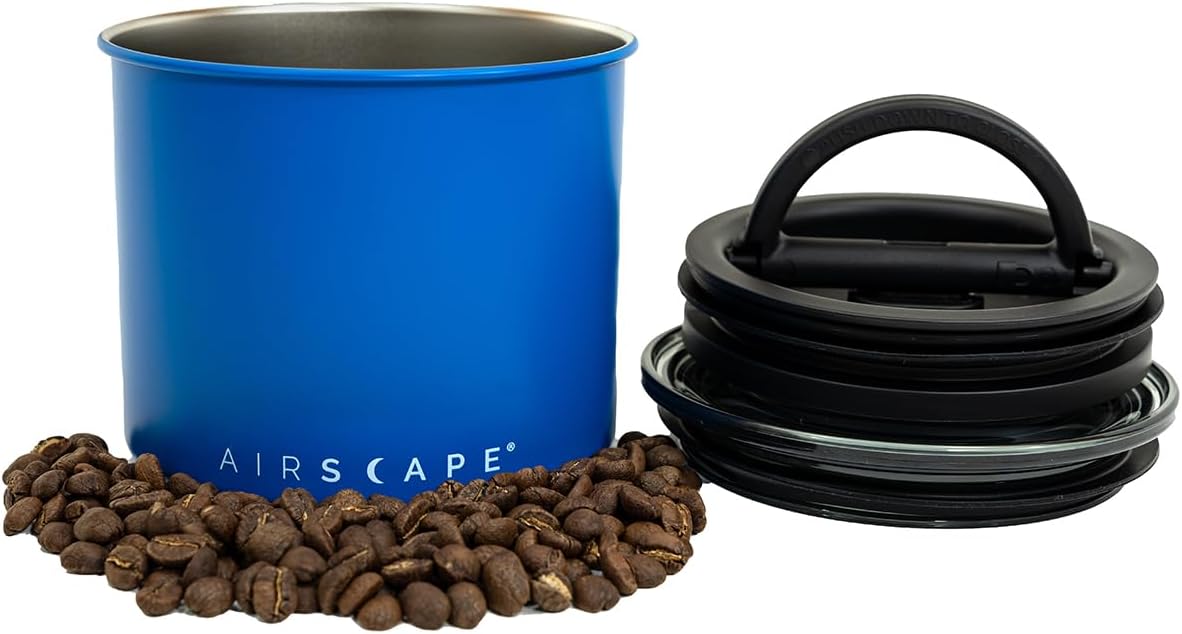 Planetary Design Airscape Stainless Steel Coffee Canister | Food Storage Container | US Patented Airtight Lid | Push Out Excess Air Preserve Food Freshness (Small, Matte Blue)
