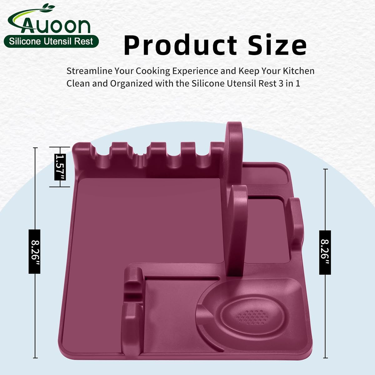 AUOON Spoon Holder for Stove - Silicone Spoon and Lid Rest with Drip Pad Kitchen Utensil Rest for Spoons, Ladles, Spatulas, Tongs & More (Cherry, Large)