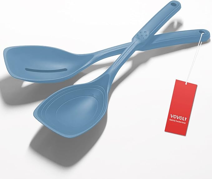 2 Pack Large Silicone Cooking Spoon, Non-Stick Slotted and Solid Spoon set with Deep Bolw- Measurement Mark for Mixing, Serving, Scooping, Scraping, Heat Resistant Kitchen Utensils, Starry Blue