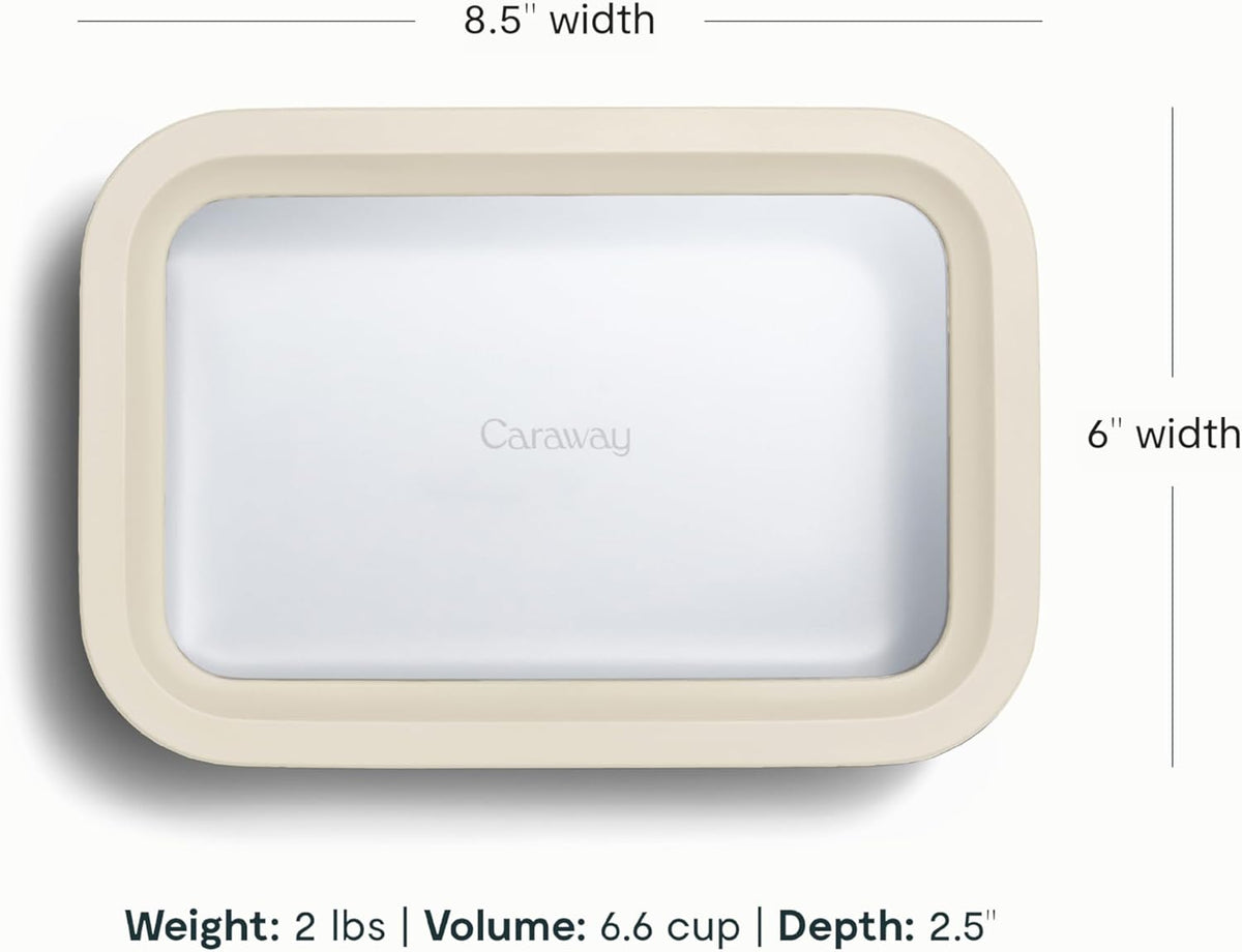 Caraway Glass Food Storage, 6.6 Cup Glass Container,Ceramic Coated Food Container,Easy to Store, Non Toxic, Non Stick Lunch Box Container with Glass Lids. Dishwasher, Oven,Square Shape,Cream
