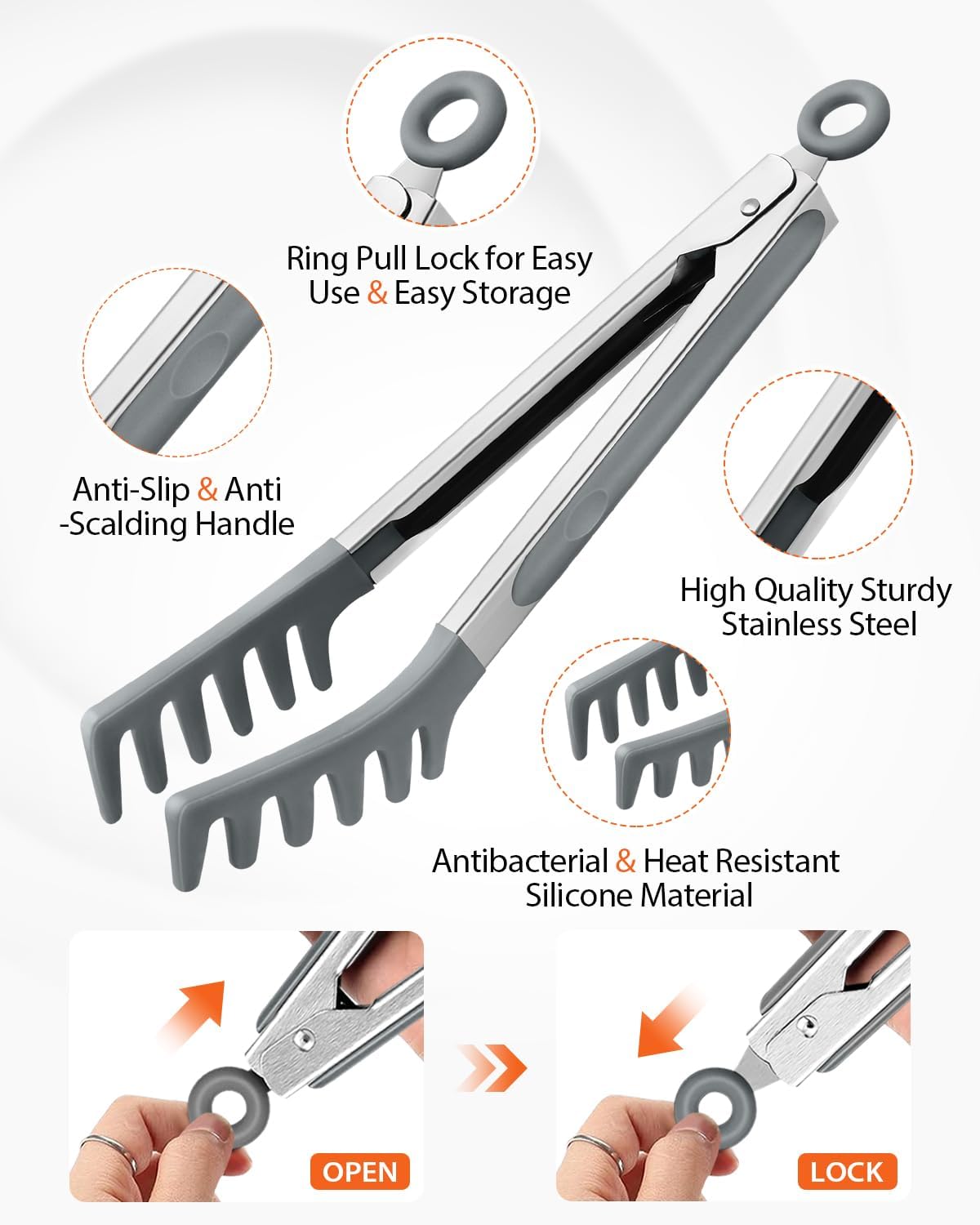 Silicone Spaghetti Spoon & Pasta Tong With Pasta Measurer, 3 Pack of Non-Stick Stainless Steel Handle Pasta Fork Set with Teeth, Food Clip for Easy Serving of Noodles (GREY)