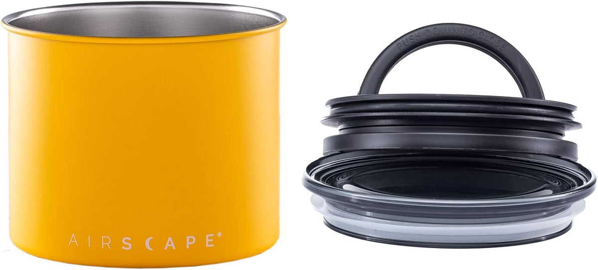 Planetary Design Airscape Stainless Steel Coffee Canister | Food Storage Container | US Patented Airtight Lid | Push Out Excess Air Preserve Food Freshness (Small, Matte Yellow)