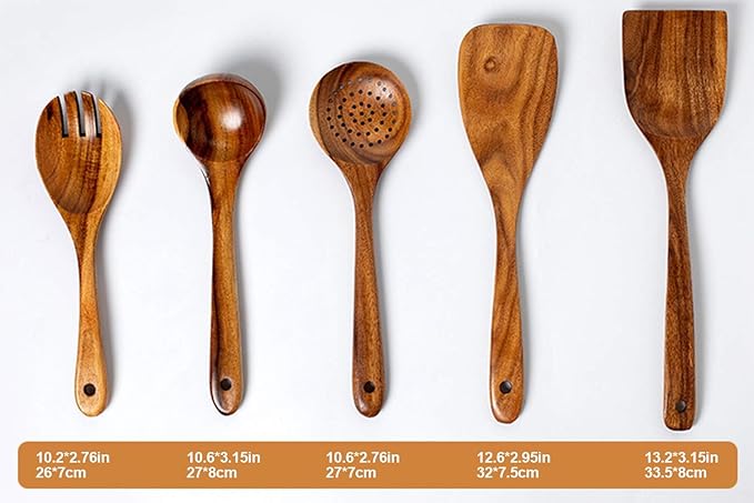 Wood Kitchen Utensils Set, 5 PCs Natural Acacia Wooden Spoons For Cooking for Non-stick Skillet, Utensil set For Cooking With Soup Ladle and Wok Spatulas, Salad fork, Spurtles for Cooking