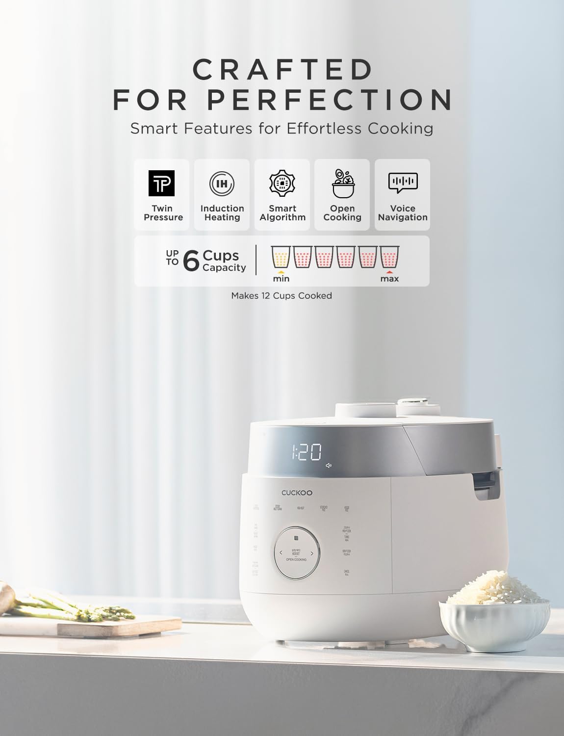 CUCKOO 6-Cup Uncooked / 12-Cup Cooked Induction Heating Twin Pressure Rice Cooker, 16 Menu Modes, Multi-Language Voice Guide, Versatile Grain Multi-Cooker & Pressure Cooker (CRP-LHTR0609FW)