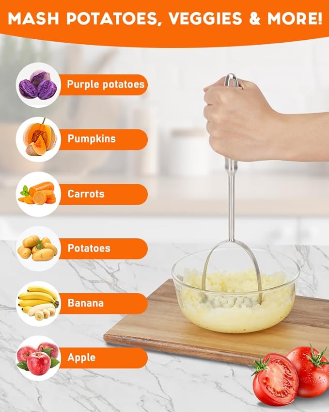 Brigii Potato Masher, Dual Arc for Easy, Labor-Saving Mashing, 304 Stainless Steel, Sturdy and Durable One-Piece Potato Press, Dishwasher Safe, for Potatoes and More