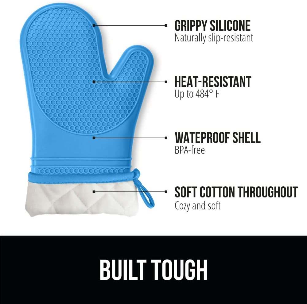 GORILLA GRIP BPA-Free Soft Silicone Oven Mitts, Heat Resistant and Waterproof Cooking Gloves, Thick Cotton Lining, Flexible Gripping for Baking Grilling, Kitchen Potholders Set of 2, 12.5x8.3, Aqua