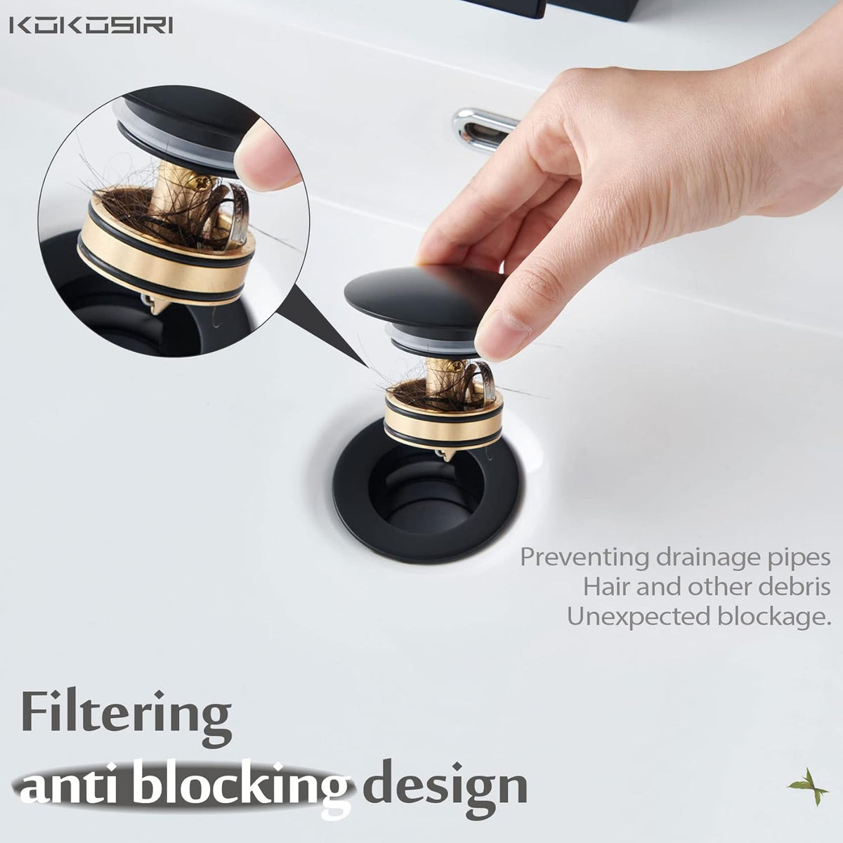 KOKOSIRI Pop Up Sink Drain with Strainer Basket, Matte Black Bathroom Sink Drain with Detachable Hair Catcher Anti Clogging for Vanity Vessel Sink without Overflow, C1002BK