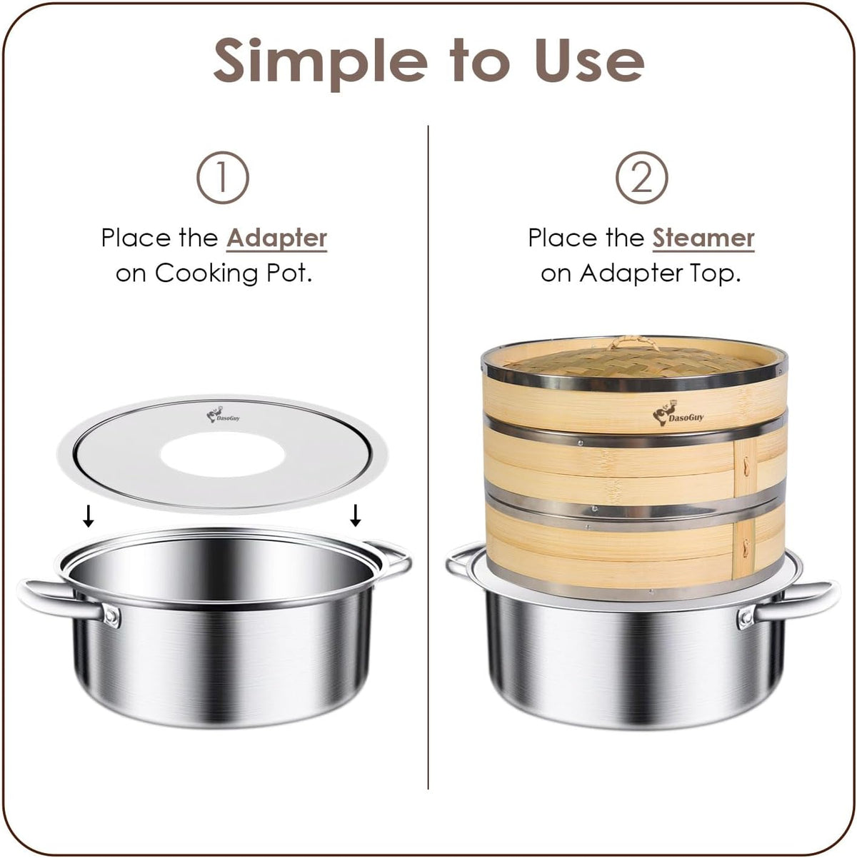 Stainless Steel Steamer Adapter, Fits 7 to 10 Inch Bamboo Steamer Basket, Steaming Ring for Asian Food, Cooking Dumpling, Dim Sum, Rice, Veggies, Vegetable, Chinese Steam Pot