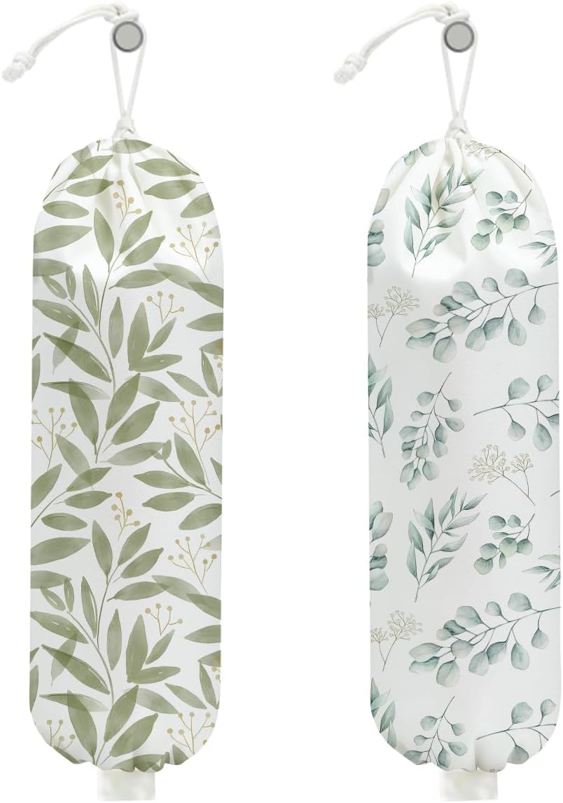 2Pcs Eucalyptus Leaves Plastic Bag Holder, Wall Mount Grocery Bag Holder for Plastic Bags, Boho Greenery Reusable Grocery Bags Storage Dispenser, Farmhouse Sweet Home Kitchen Decor