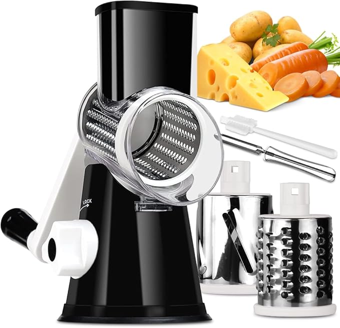 Rotary Cheese Grater Vegetable Shredder with Handle Round Kitchen Mandoline Slicer Grater for Nuts, Vegetable, Chocolate, Chesse - Black - 3 Replaceabe Stainless Steel Blades