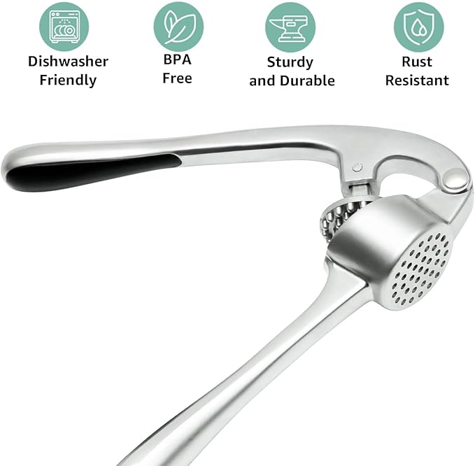GD Garlic Press Crusher Mincer Tool - Dishwasher Safe & Rust Proof, Easy-Squeeze Garlic Smasher with Ergonomic Handle, Includes Silicone Garlic Peeler & Brush (Silver)