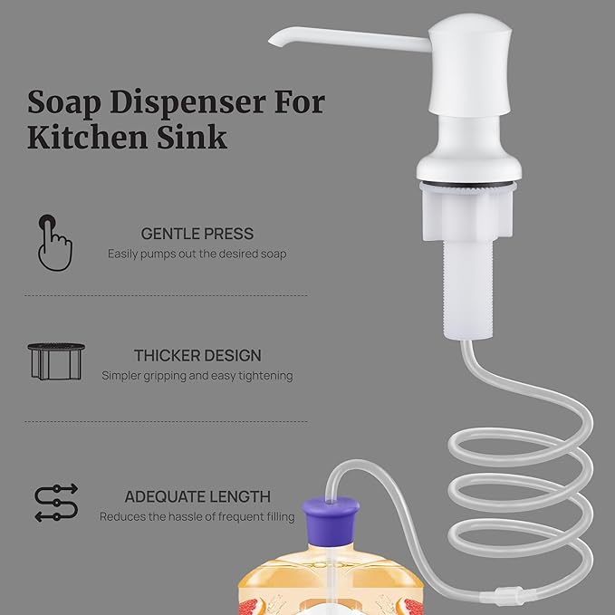 Sink Soap Dispenser for Kitchen Sink White Upgrade with 40" Silicone Extension Tube Kit, Connect to Your Soap Bottle Directly