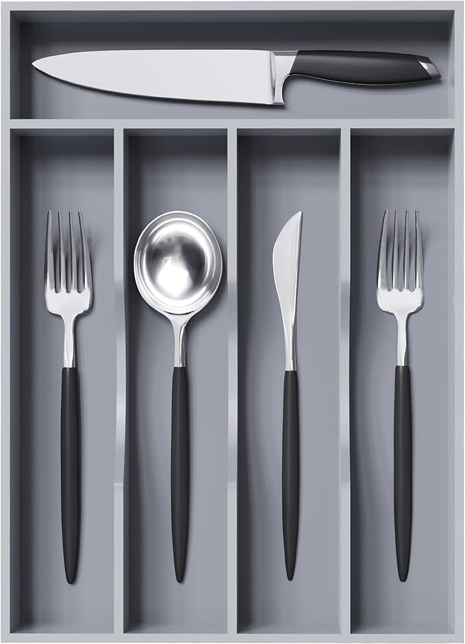 Greenual Gray Silverware Organizer 10 In Utensil Organizer Silverware Tray for Drawer Cutlery Flatware Organizer for Kitchen Bamboo Wood