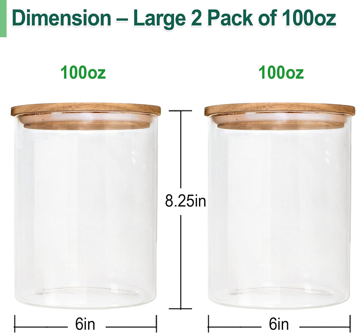 Urban Green Glass Jars with Airtight Lids, Airtight Glass Canisters set, Large Food Storage Containers with Wood Lids, 2 Pack of 100oz， Dry Food Pantry Jars, Flour Containers