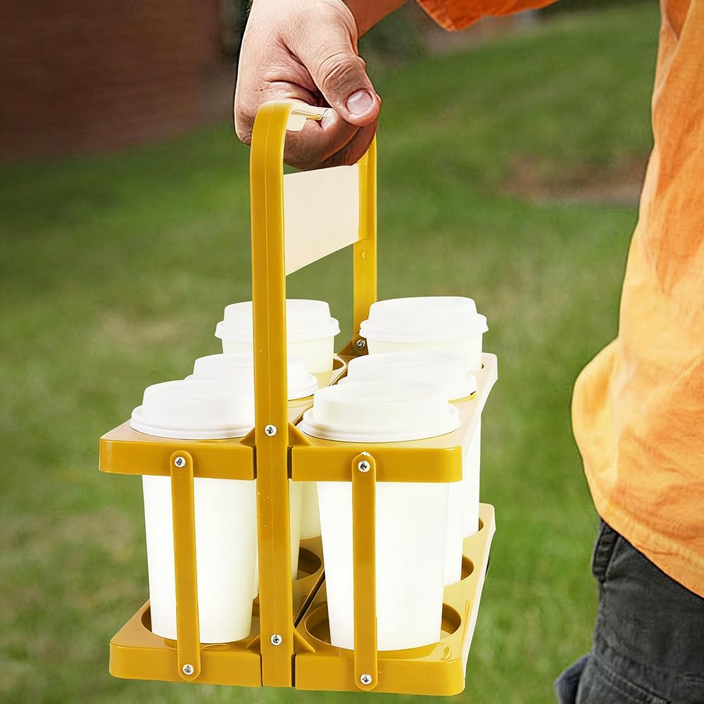 Bodaon 6 Cup Drink Carrier with Handle, Plastic Cup Holders for GrubHub/Doordash Delivery, Reusable Foldable Car Drink Caddy, Leakproof Food Delivery Accessories, 360° Secure Grip, Yellow