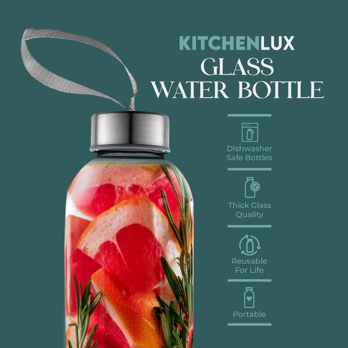 16 Ounce Glass Water Bottles, Reusable Water Bottles with Airtight, Pack of 6, Stainless Steel Lids Carrying Strap And Nylon Water Bottle Protective Sleeves for Hot Or Cold Drinks