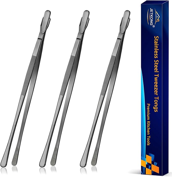 JETKONG 3 Pcs 12-Inch Cooking Tweezers Tongs Long Stainless Steel Chef Tweezers (12 12 12 Inch, Black)