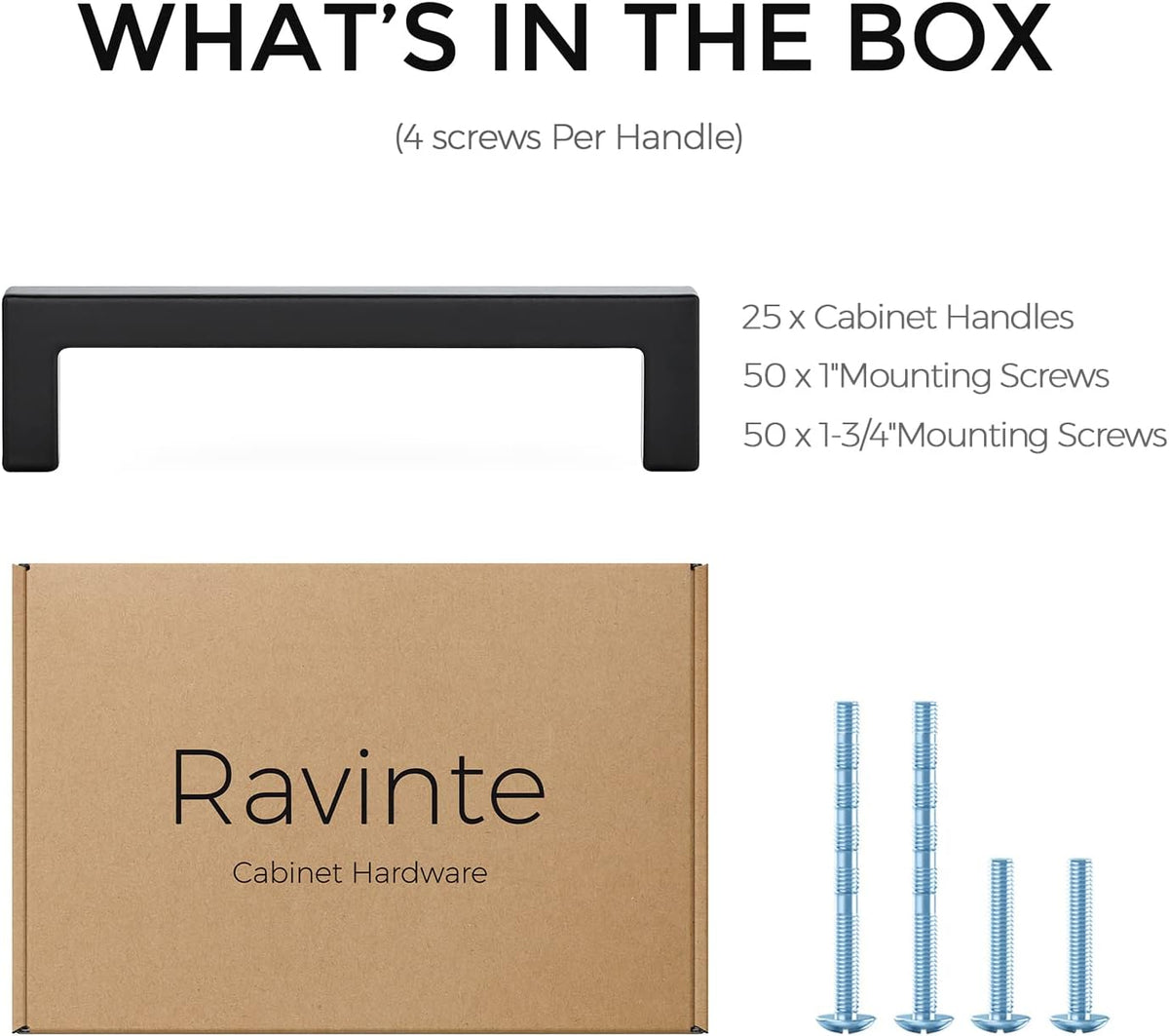 Ravinte 25 Pack Solid 4 Inch Center to Center Slim Square Bar Drawer Handles - Cabinet Hardware in Matte Black - Kitchen Handles and Pulls
