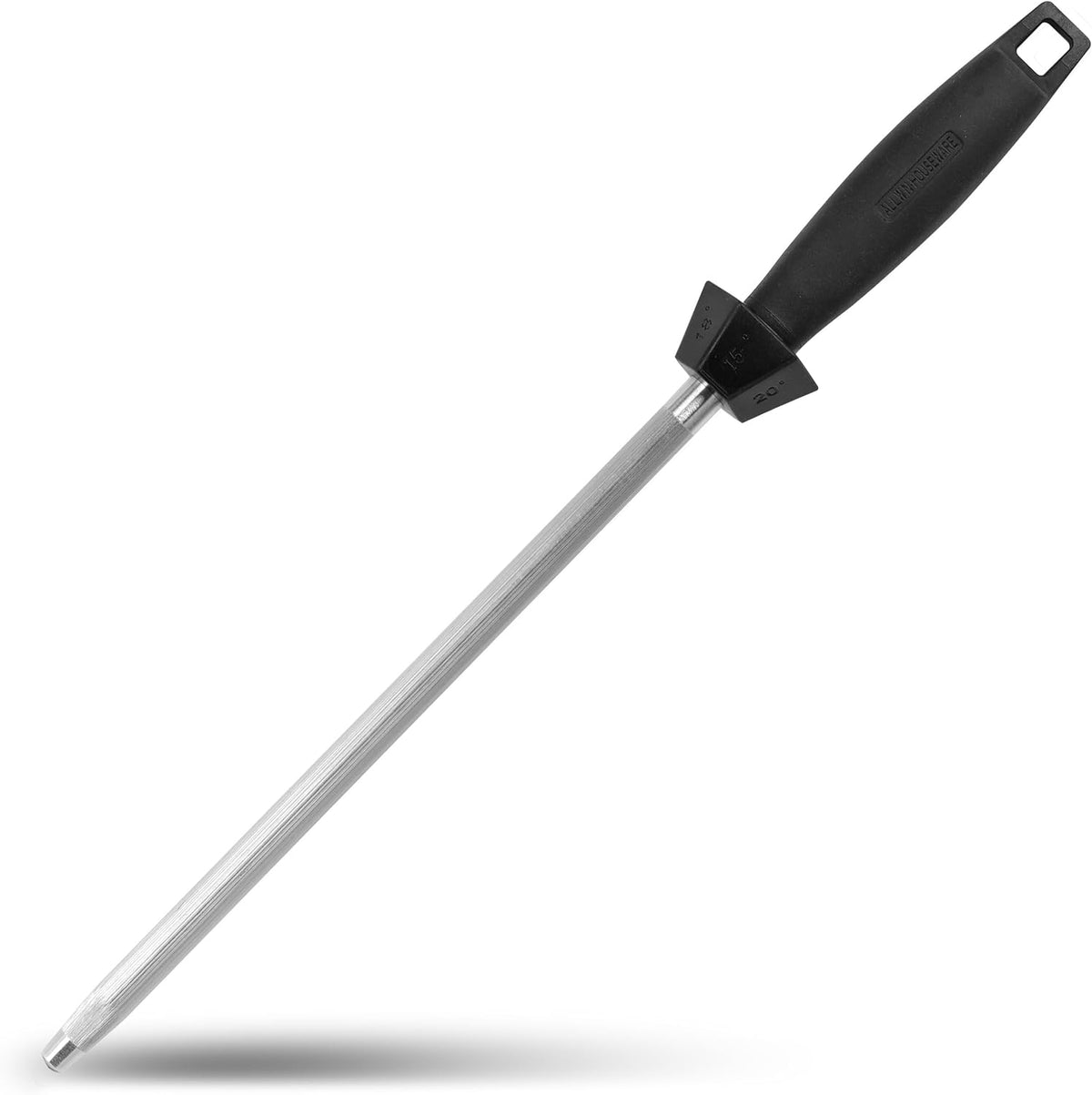 Knife Sharpener Knife Sharpening Rod Honing Steel with 15°-18°-20°Angle Guides Professional Carbon Steel with Black Rubber Grip for Kitchen Chef House Gift 10''