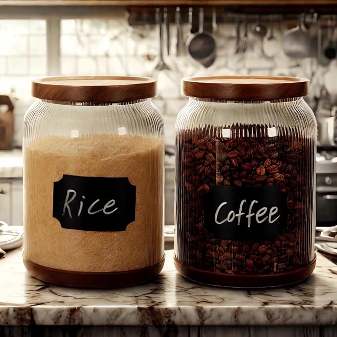 SAIOOL 2-Pack Striped Borosilicate Glass Airtight Canisters - Big mouth Large Capacity, Acacia Wood Lid, Food Storage Jars for Flour, Pasta, Pantry Organization (3/4 Gallon （2 Striped pack）)