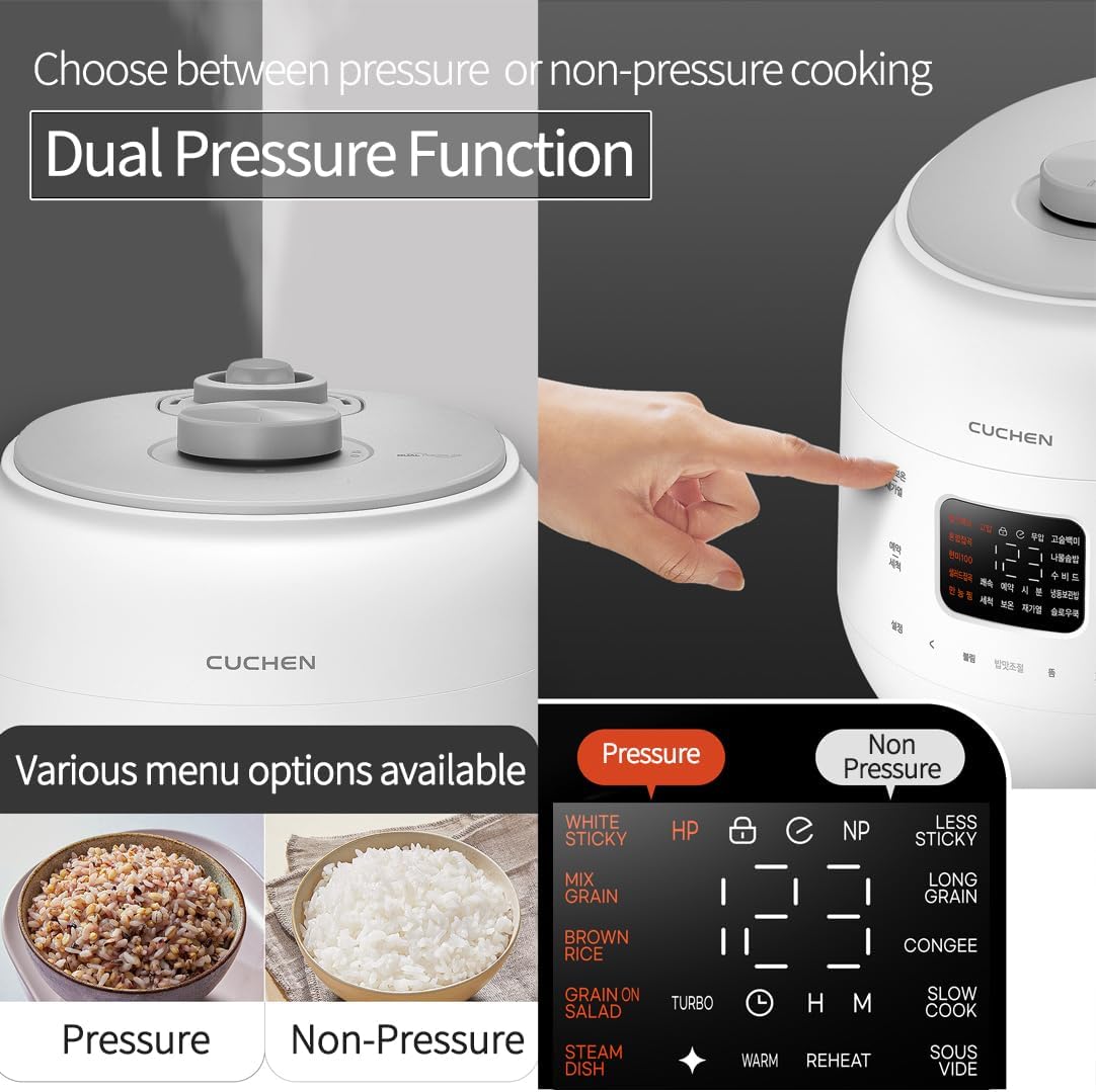CRS-FWK0640WUS | Automatic Dual Heating Pressure Rice Cooker 6 Cup (Uncooked) (1.14 quarts): 6 person serving / per use | High/Non-Pressure | Triple Power Packing | Easy Open Handle | Stainless Cover | Auto Steam Clean | White