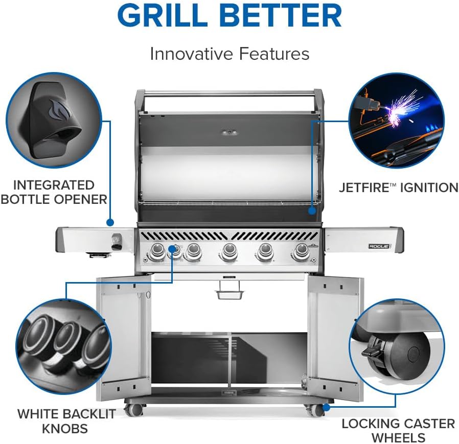 Napoleon Rogue PRO 625 Natural Gas Grill with Infrared Side Burner, Stainless Steel, Durable 6-Burner BBQ